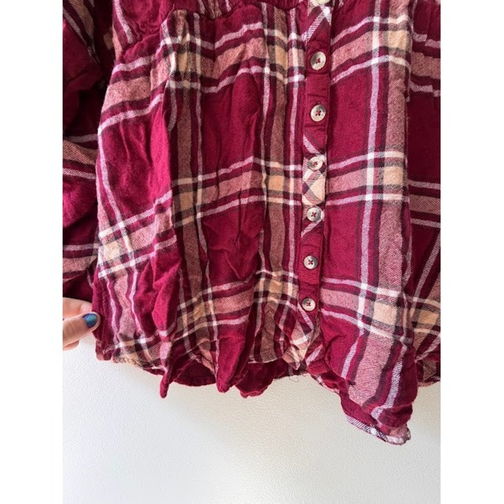 Plaid Maurices Button Down Women XL Burgundy Babydoll Plaid Ruffle Neck Blouse - Picture 5 of 7